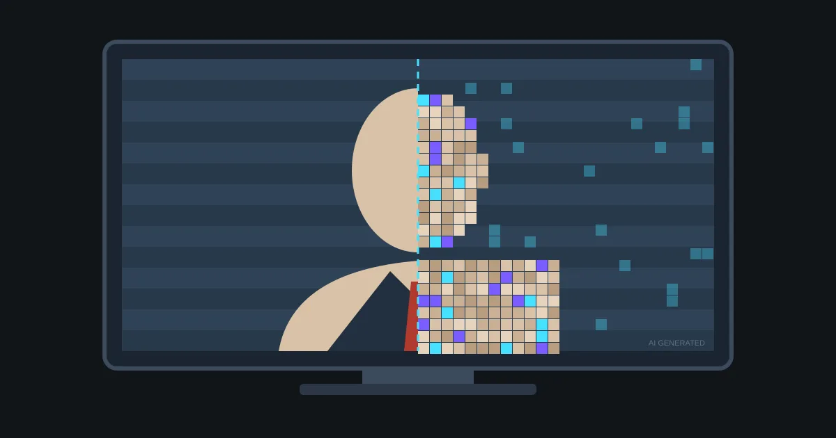 Illustration: a TV screen shows a political figure, half drawn smoothly and half made of glitching pixels, with a tiny, faint 'AI GENERATED' label in the corner.