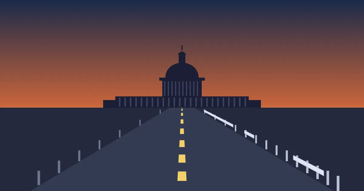 Illustration: a highway at dusk runs toward the silhouette of the US Capitol; the guardrail along the road has long missing sections, and the far side has posts but no rail.