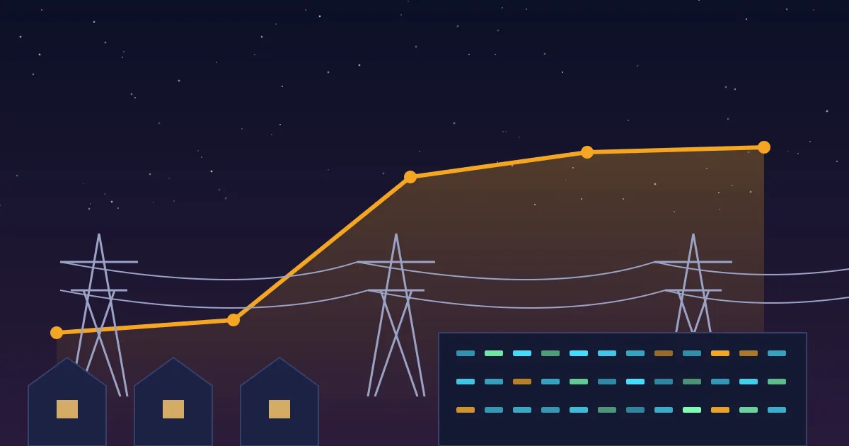 Illustration: a rising orange price line arcs over transmission pylons, with small houses on the left and a glowing data center on the right.