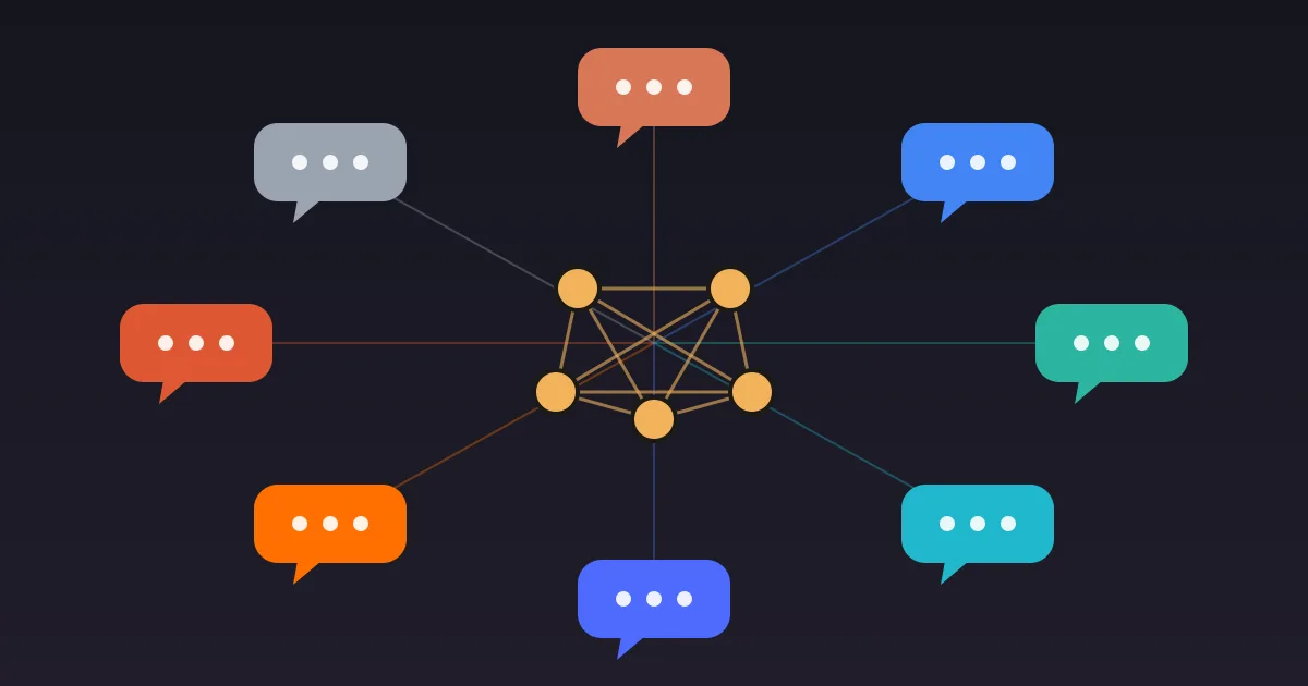 Illustration: several chat bubbles in different colours, each representing a different AI assistant, arranged around a central panel of connected nodes.