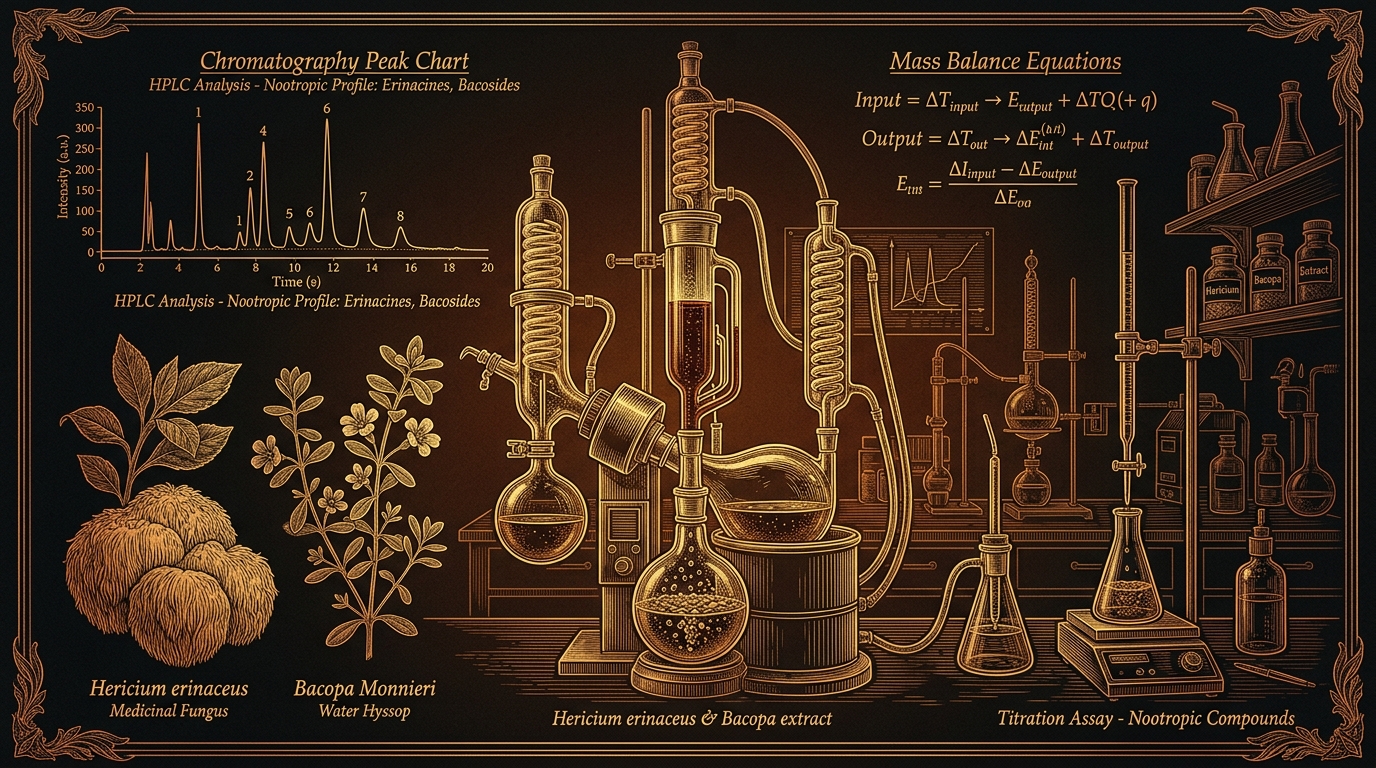 Editorial scientific engraving of botanical extraction glassware, Hericium erinaceus, Bacopa monnieri, chromatography peak charts, and titration equations.