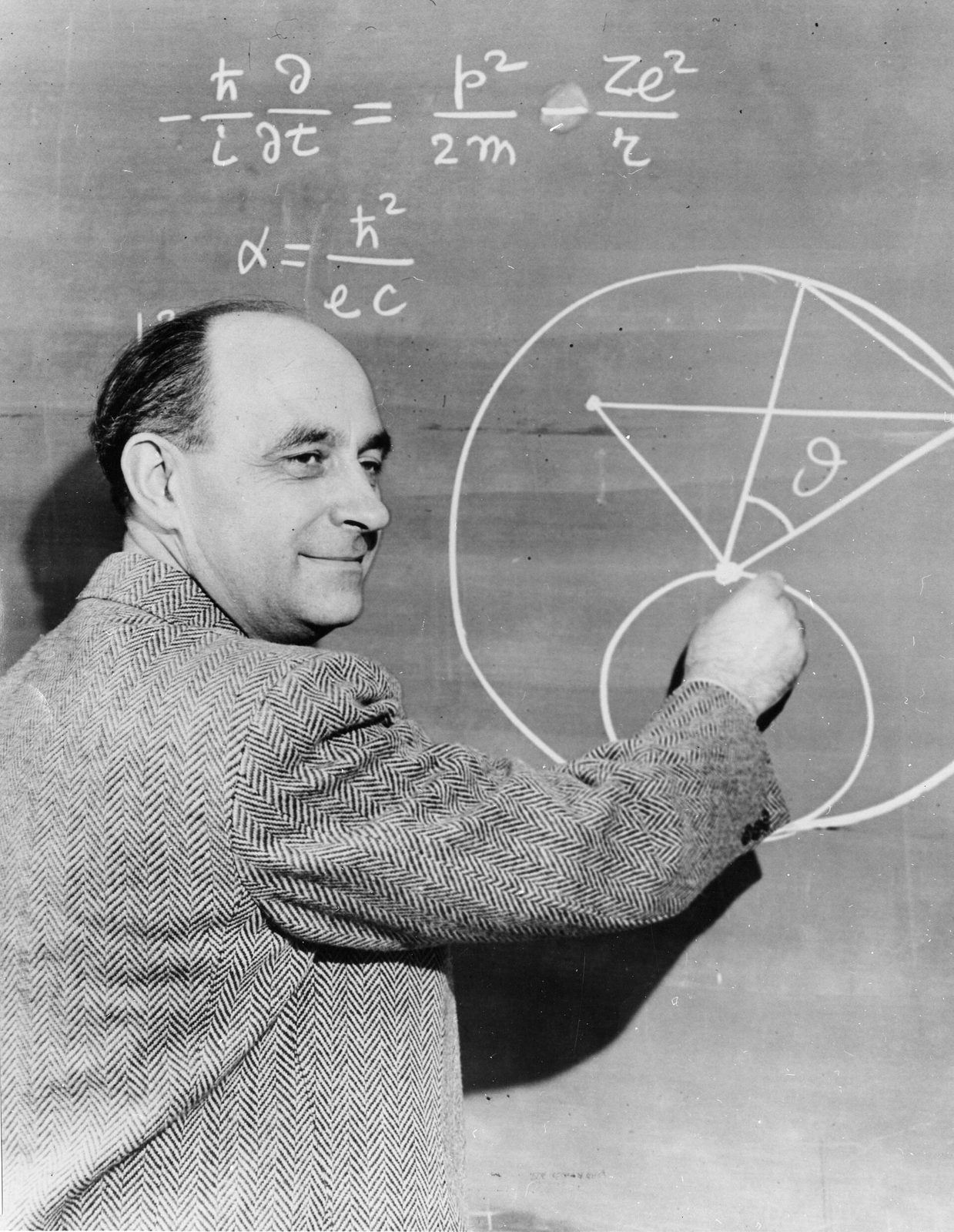 Enrico Fermi at a blackboard covered in equations.