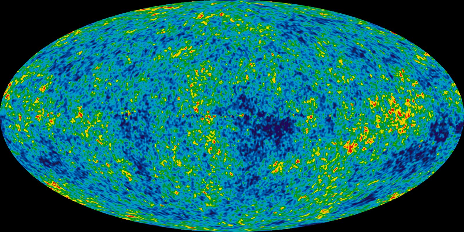 The WMAP map of the cosmic microwave background — an oval sky of mottled colour, hot spots red and cold spots blue.