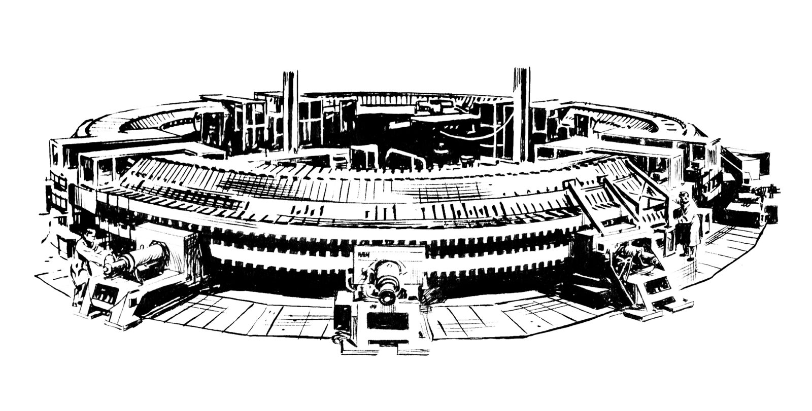 The Brookhaven Cosmotron, an early particle accelerator, its ring of machinery filling the frame.