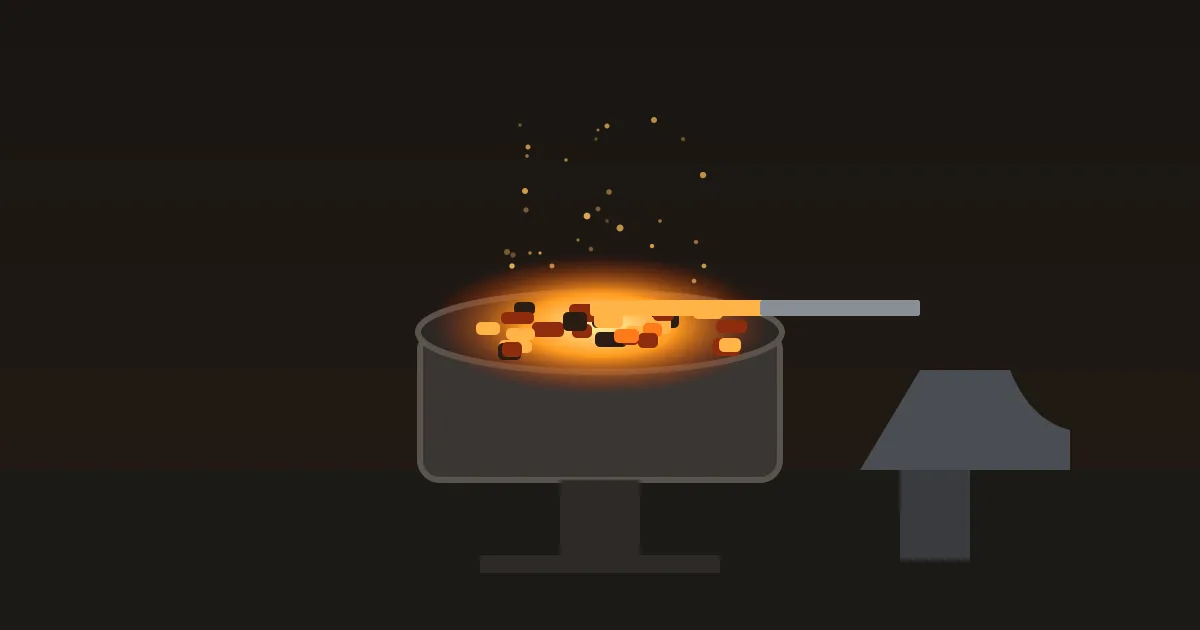 Illustration: a heavy brake drum mounted on a steel stand glows orange with burning charcoal, a piece of steel bar heating in the fire, and an anvil nearby.