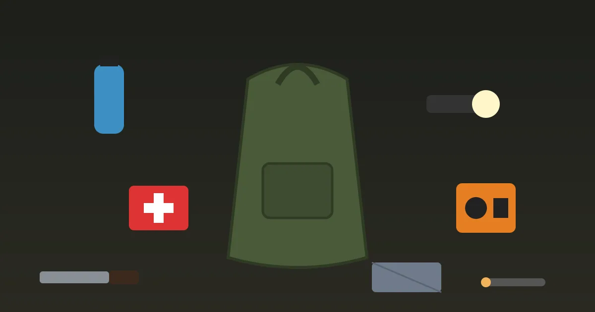 Illustration: a rugged backpack surrounded by neatly laid-out gear: water bottle, first-aid kit, flashlight, knife, radio, fire starter and a folded tarp.
