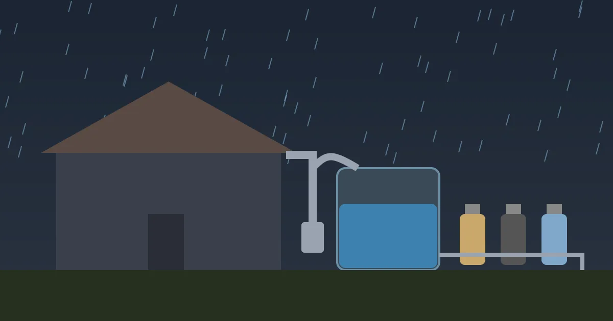 Illustration: rain falls on a house roof, runs through a gutter and a first-flush pipe into a large tank, then through a row of filter canisters to a tap.