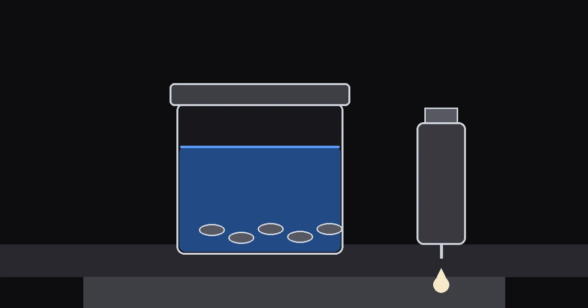 Editorial illustration: a glass jar packed with dried herbs with a dropper bottle beside it, a single drop falling toward the glass.