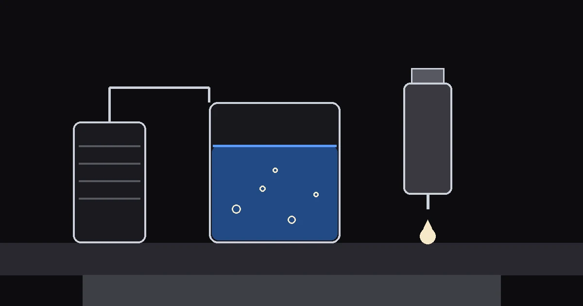 Illustration: water runs from a banded filter cylinder into a glass jug of water, while a dropper bottle releases a single drop beside it.