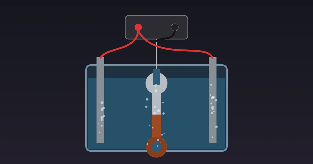 Illustration: a rusty wrench hangs in a tub of water between two steel plates wired to a battery charger, with small bubbles rising.