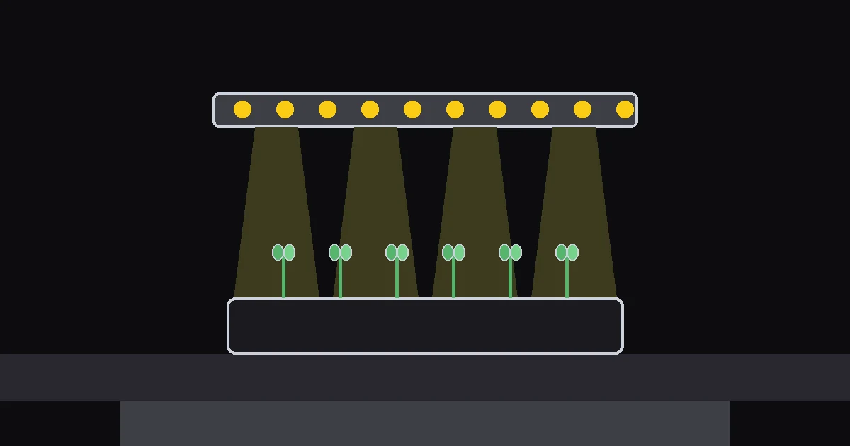 Editorial illustration: a seed tray with green sprouts under a glowing grow light bar, with a small calendar beside it.