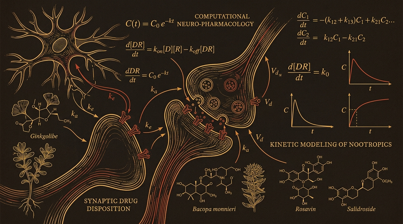 Editorial technical illustration showing neuro-pharmacology calculus, pharmacokinetic curves, synaptic junctions, and botanical molecular structures.