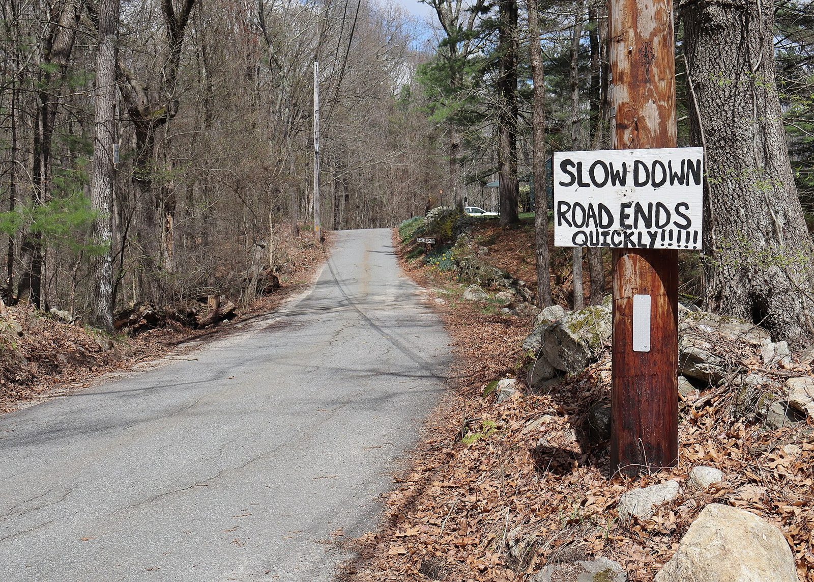A hand-lettered sign nailed to a utility pole beside a narrow country road reads: Slow down, road ends quickly.