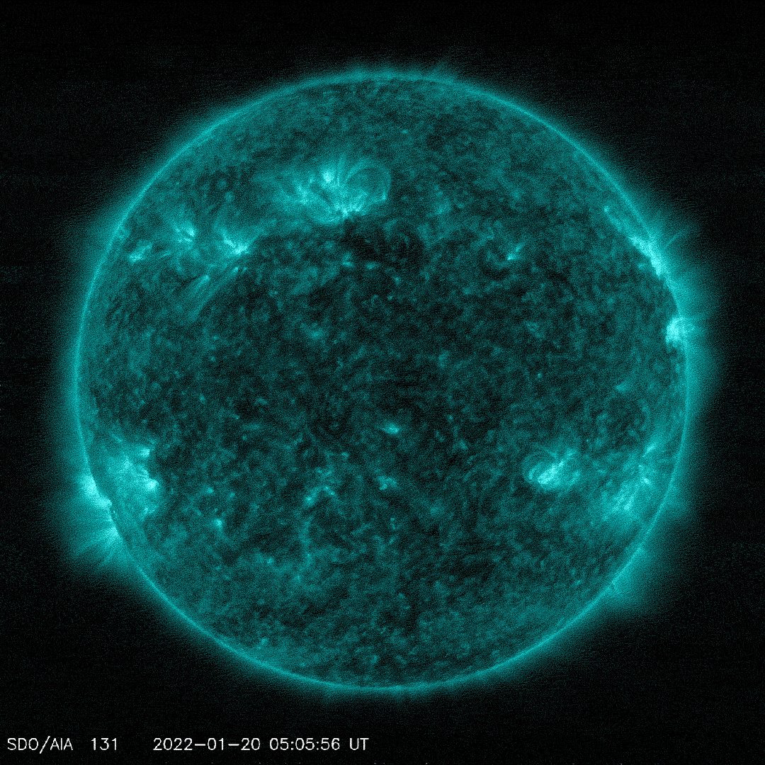 A mid-level solar flare erupting from the Sun, seen in extreme ultraviolet.