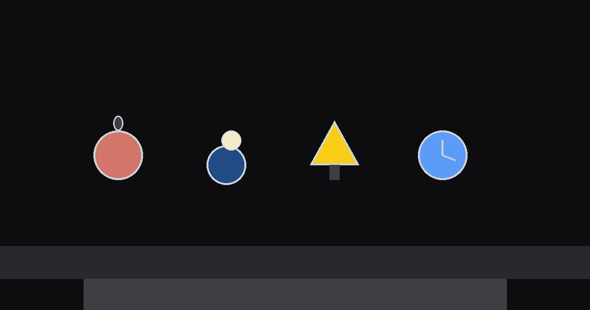 Editorial illustration: four small seasonal icons in a row — a pumpkin, a roast, a Christmas tree and a clock at midnight.