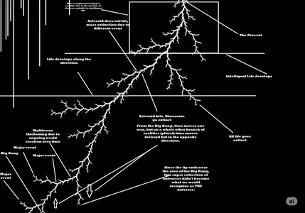 A branching diagram of alternate histories spreading from the Big Bang.