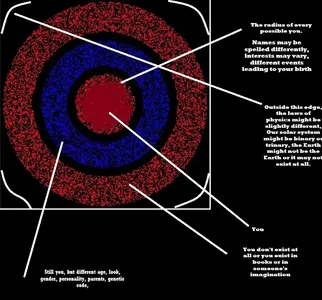 Concentric rings labelled "the radius of every possible you".